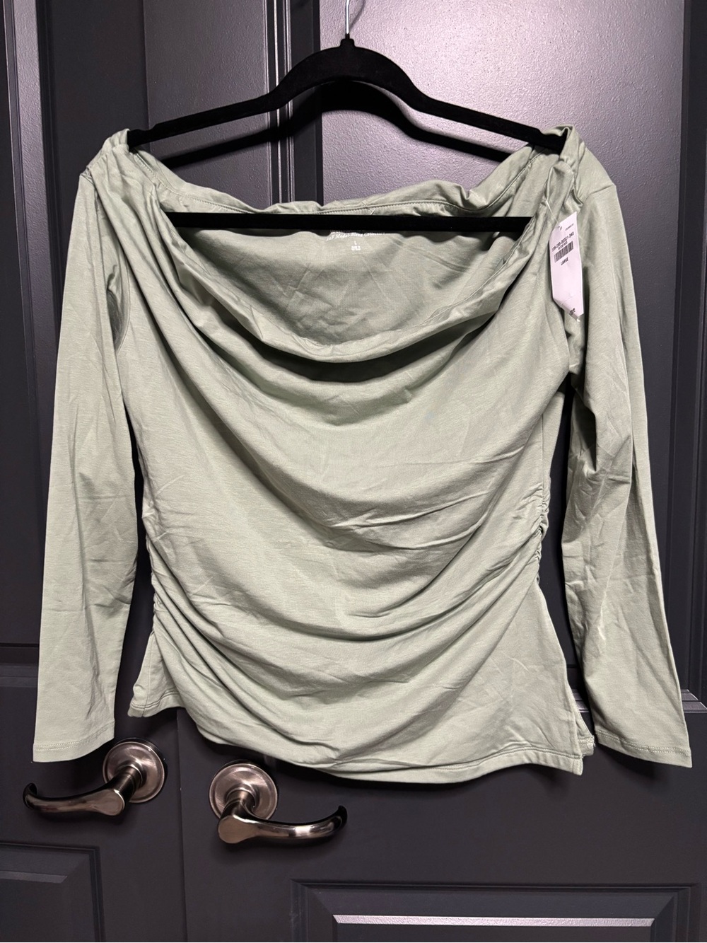 Abercrombie & Fitch Sage Green Off-Shoulder Ruched Long Sleeve Top